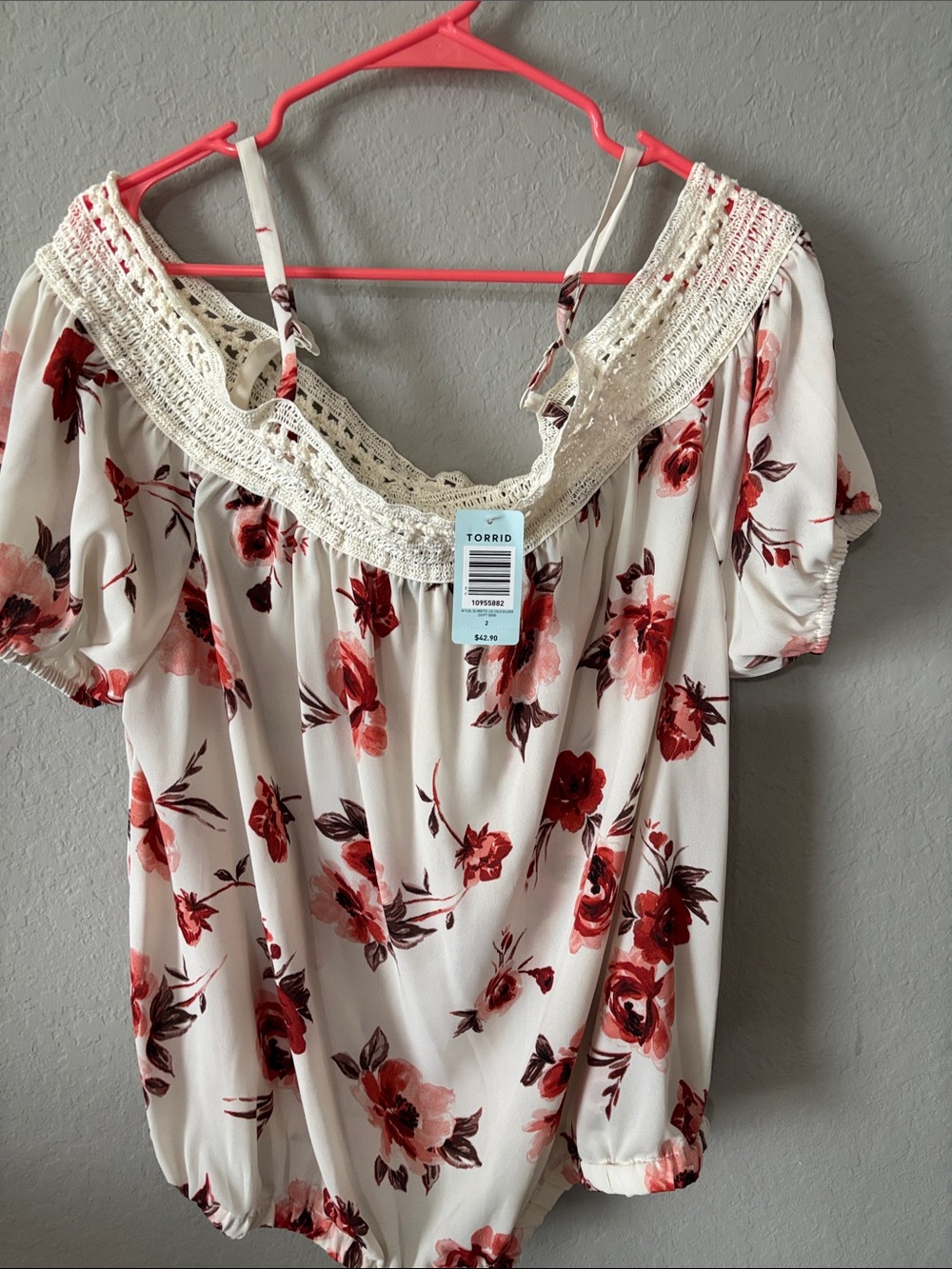 torrid White Floral Off-Shoulder Top with Crochet Trim